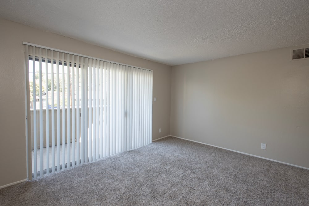 Spacious living room and patio area at Arden Palms Apartments in Sacramento, California