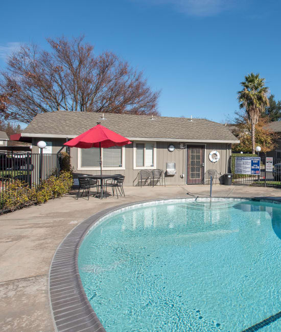 Swimming pool area at Meritage Apartments in Lodi, California