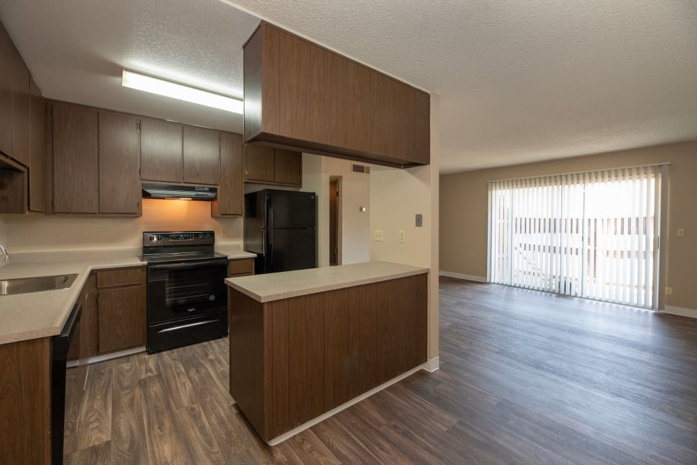 Kitchen and living room area at San Juan Hills in Fair Oaks, California