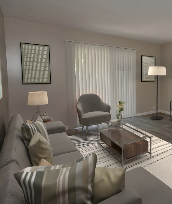Spacious living room area at Country Club Gardens in Sacramento, California