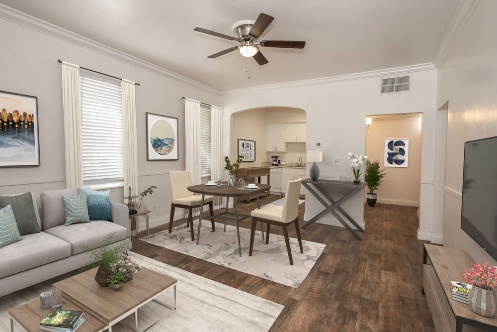Living and dining room area at Clarendon House in Sacramento, California