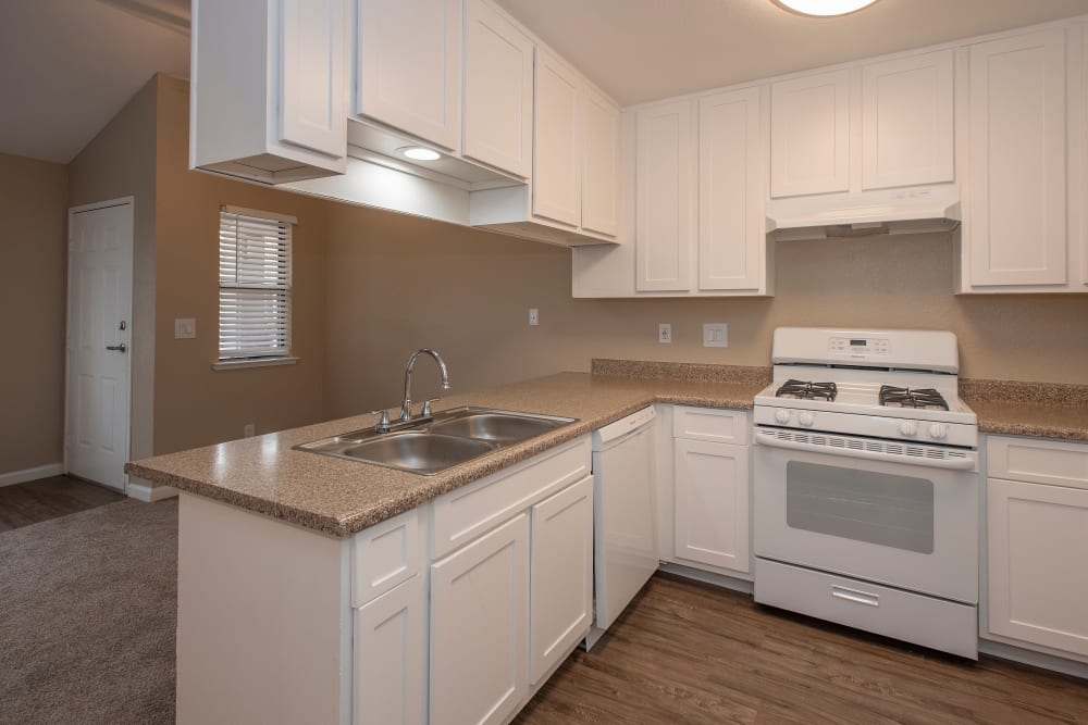 Kitchen countertops at River's Edge Apartments in Lodi, California