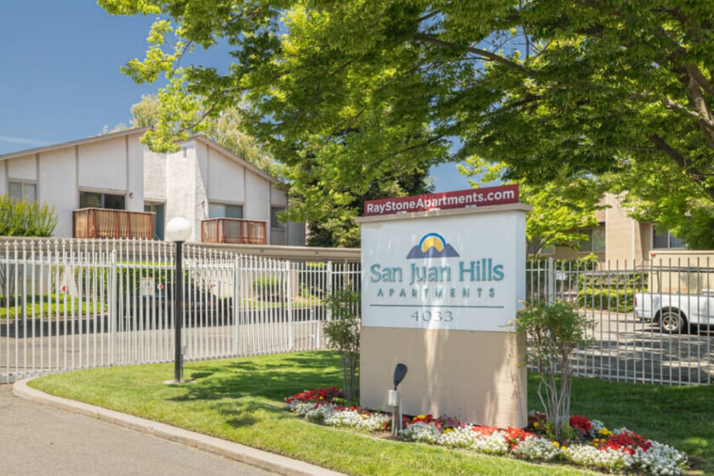 Entrance with landscaping at San Juan Hills in Fair Oaks, California