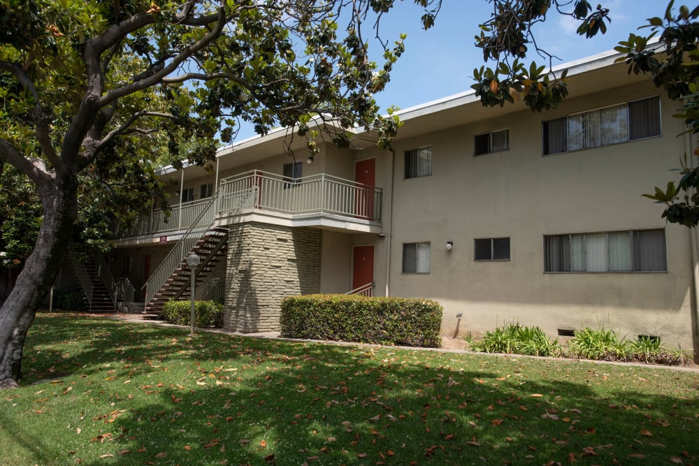 Grassy area and trees by apartment building at Country Club Gardens in Sacramento, California